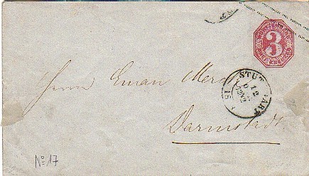 Entero Postal STUTTGART (Allemagne) A Darmstadt 1868 - Entiers Postaux