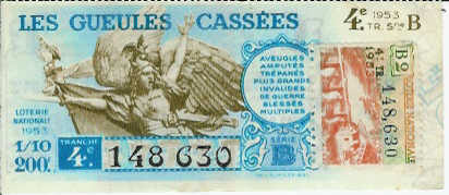 LOTERIE NATIONALE 1953: Gueules Cassées, Timbre Auray, Tr 4 Série B2 - Billets De Loterie