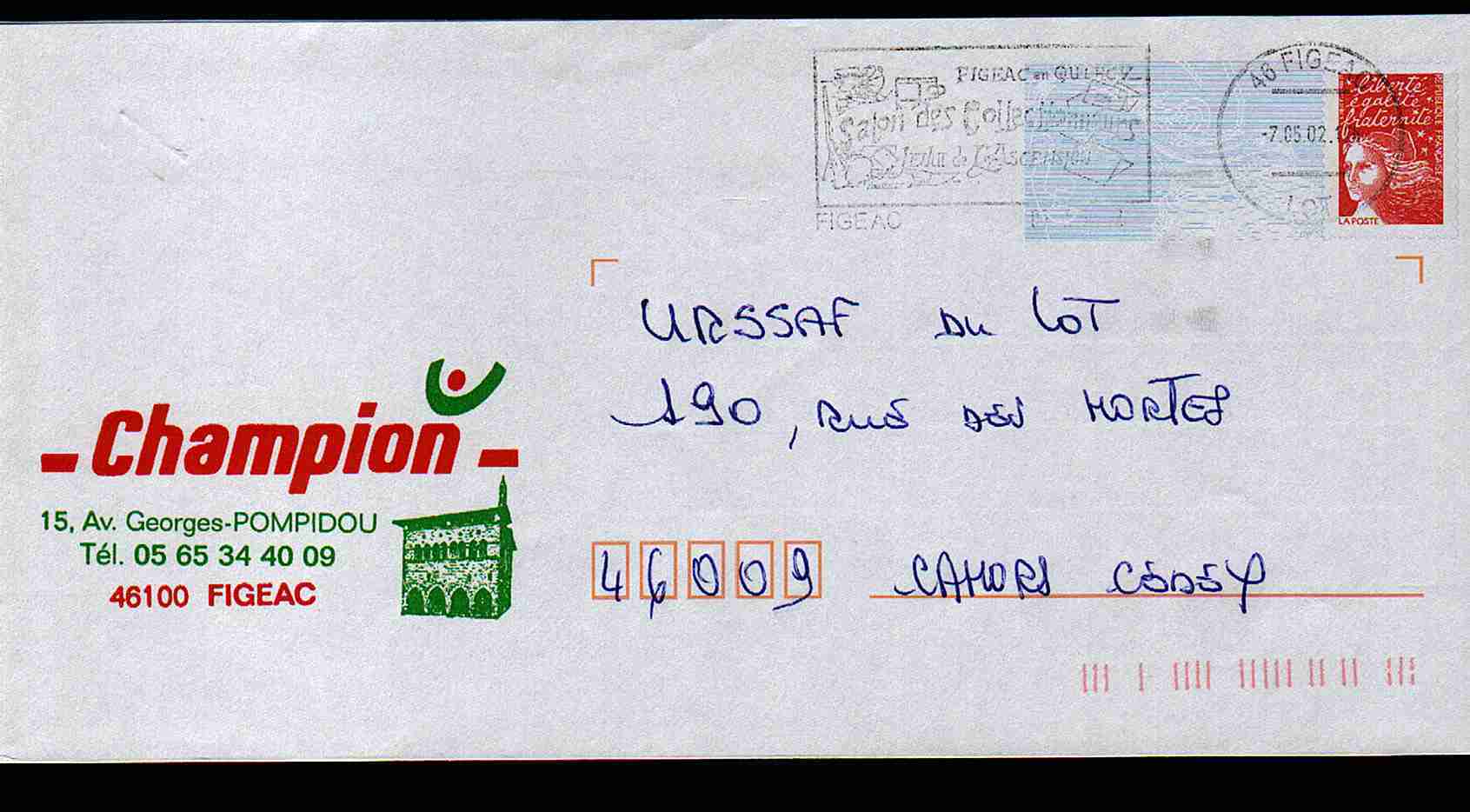 Entier Postal PAP Repiqué. Lot Figeac Magasin Champion - PAP : Sovrastampe Private