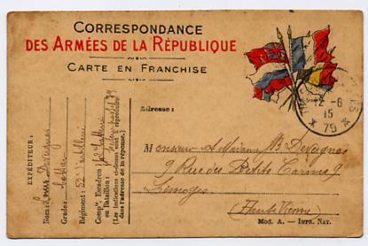 Carte En Franchise Drapeaux 1915 Ayant Circulée - Guerre De 1914-18