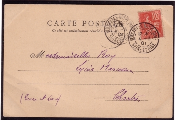 10c Mouchon Type I, Variété 1 Touchant Le Cadre, Sur Carte Postale De 1901 - 1900-02 Mouchon