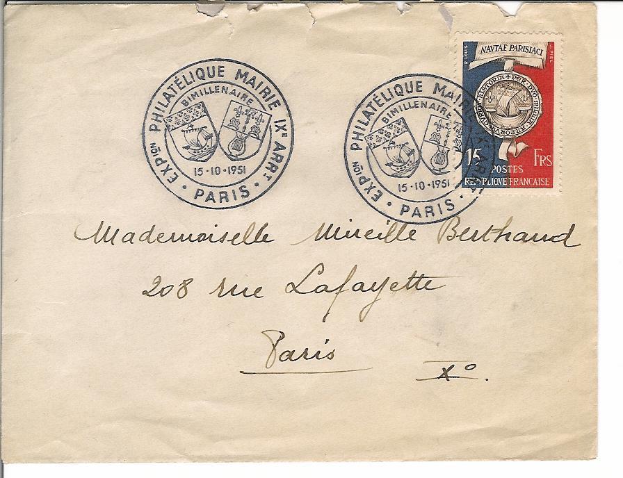 YT 906 Sur Lettre Avec Cachet "Exposition Philatélique Mairie IXeme Arrondissement - Temporary Postmarks