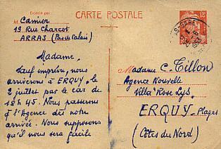 France Entier Postal Gandon 12c Obl Du 25-6-1953 à Arras Pour Erquy Cotes D'Armor Bretagne ... - 1945-54 Marianne Of Gandon