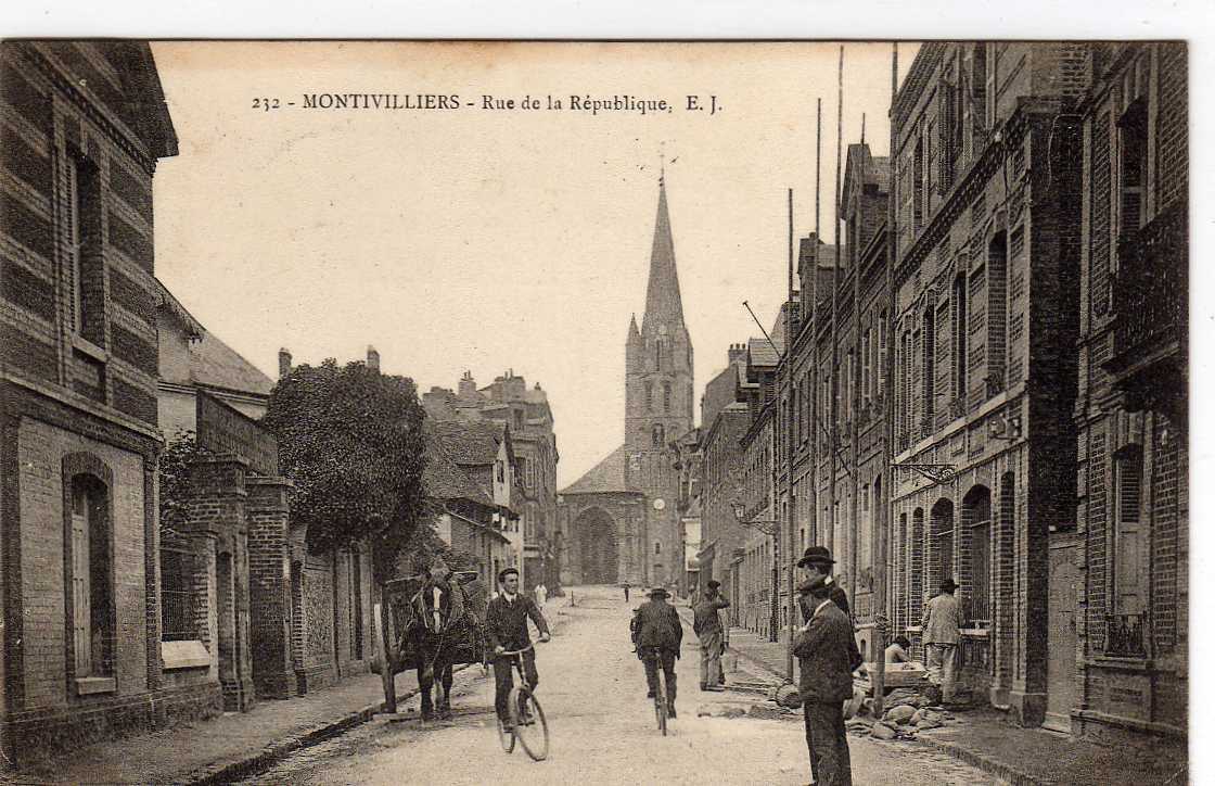 76 MONTIVILLIERS Rue De La République, Animée, Travaux, Maçons, Attelage, Ed EJ 232, 1906, TOP++ - Montivilliers