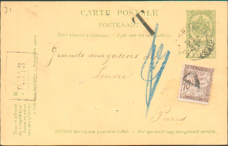 E.P. 5 Cent. Fine Barbe, Obl. Sc BRUXELLES 5 Du 14 Mars 1904 Vers Paris Et Taxée 10 Centimes + Gr. ´T´ -- 1176 - Briefkaarten 1871-1909
