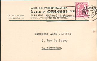 Carte Affr. à 65 Cent. Obl. Dc 9-IX-1947 Vers La Louvière - Publicité Produits Brassicoles A. Gennart - BIERE -- 1218 - Biere