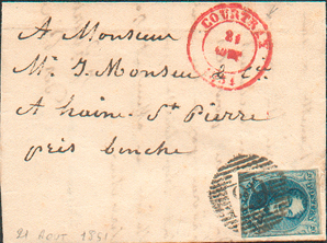 N°4 - Médaillon 20 Cent. Bleu, Bien Margé, Obl. P. 29 S/L. De COURTRAI Le 21 Août 1851 Vers Binche.  TB -- 1226 - 1849-1850 Medaillons (3/5)