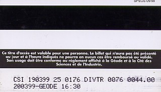 @+ Carte Entrée La Geode N° GE7 - LA GEODE - VERSO SPEOS 09/98. - Kinokarten