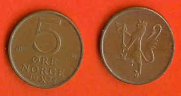 NORWAY 1973-78 5 Ore Bronze KM 415 C327 - Norway