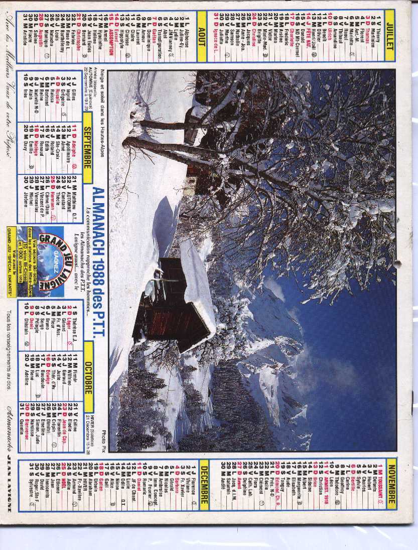 CALENDRIER PTT 1988 LAVIGNE - Grand Format : 1981-90