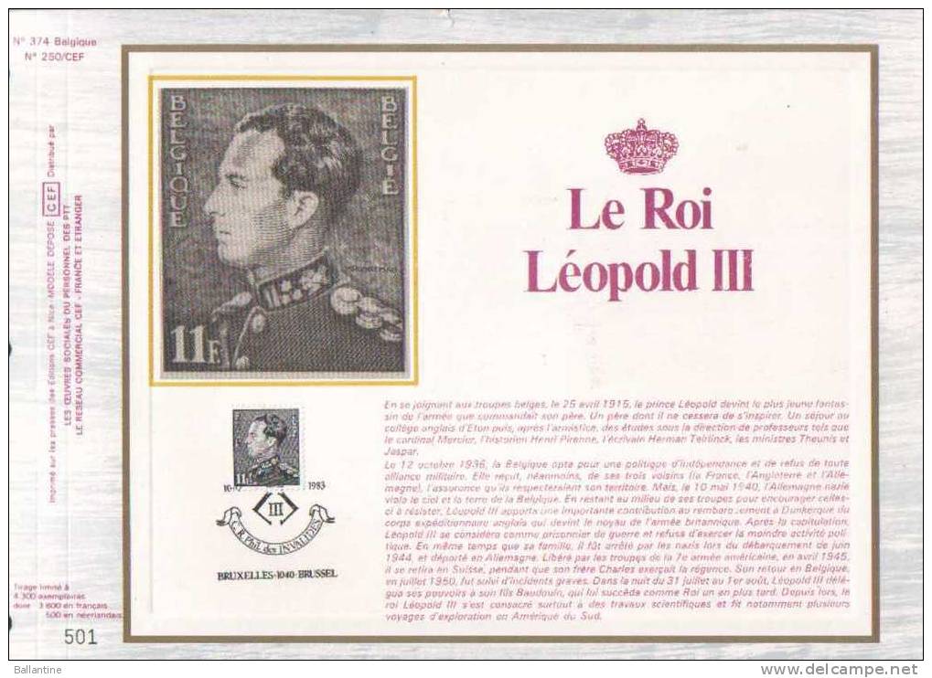 FEUILLET CEF BELGIQUE 374 LE ROI LEOPOLD III - 1981-1990