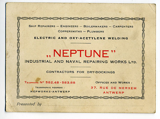 Neptune", Carte De Visite Chantier Naval, Antwerp - Publicités