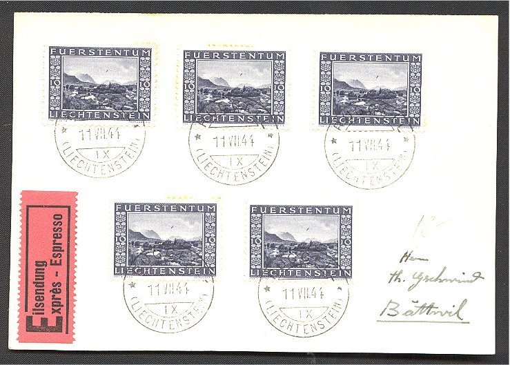 LIECHTENSTEIN 10 CENTIMES 1943 X5 On POSTCARD SPECIAL DELIVERY TO SWITZERLAND! - Storia Postale