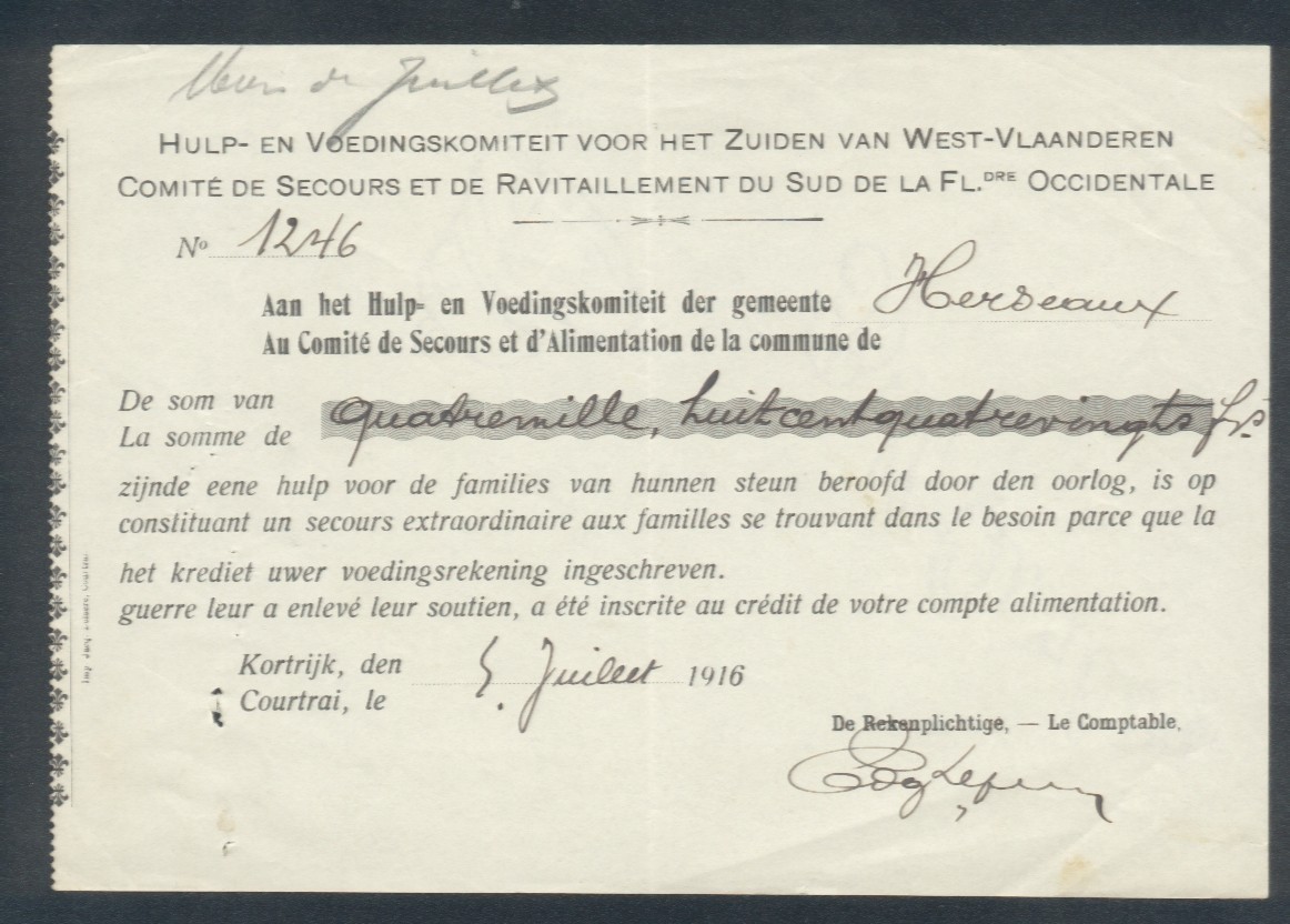 Belgie Kwitantie Van Hulp En Voedingskomiteit Voor Het Zuiden Van West Vlaanderen 1916 (2726) - Autres & Non Classés