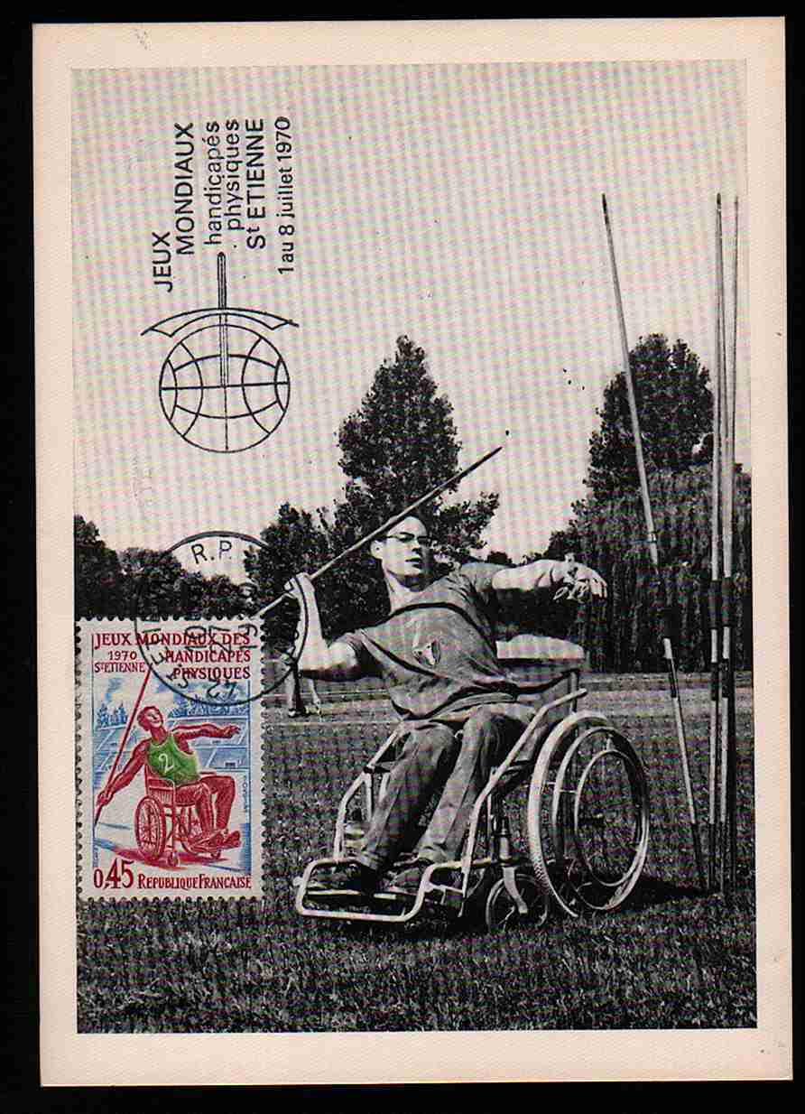 Carte Maximum Timbre: Jeux Mondiaux Handicapés Physiques St Etienne + Flamme Concordante 1970. Sport: Athlétisme - Sport Voor Mindervaliden