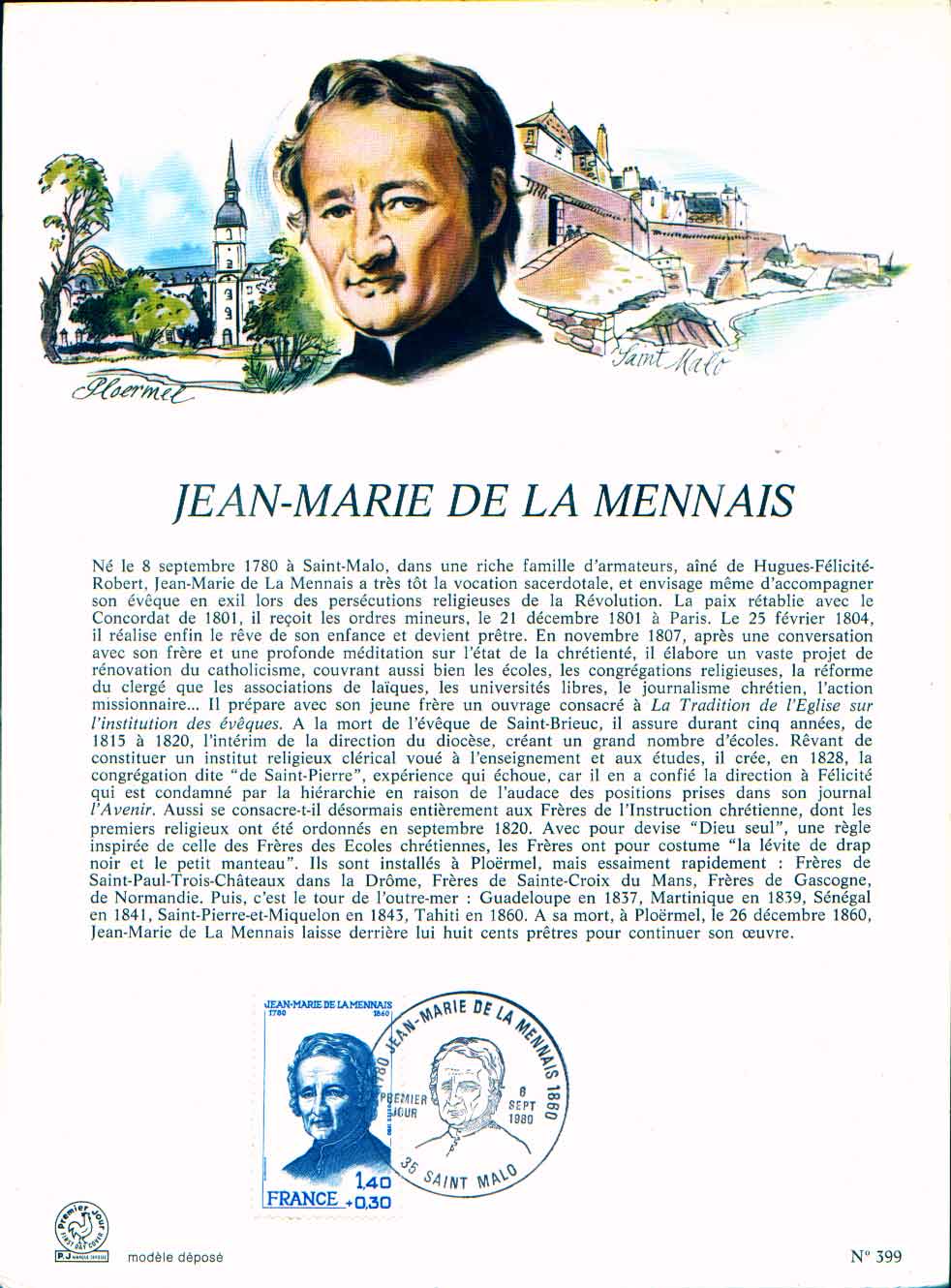 FRANCE. Document FDC De Jean Marie De La Mennais, Prêtre - Other & Unclassified