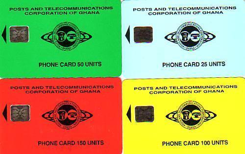 GHANA LOGO GHANA TELECOM 4 VALEURS 25U 50U 100U 150U PUCE SHIP SC5 OLDS CARDS - Ghana