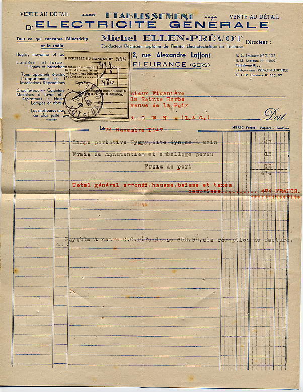 FACTURE   -    FLEURANCE   -  ELECTRICITE GENERALE MICHEL ELLEN-PREVOT -  ENVOYEE EN 1947 - Elektrizität & Gas