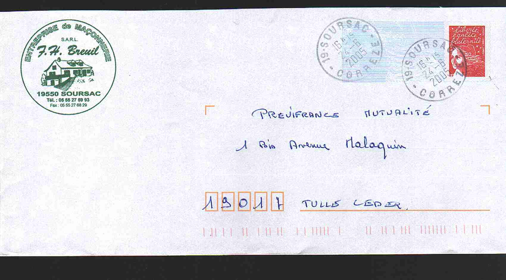 Entier Postal Repiqué Corrèze Soursac. Entreprise De Maçonnerie (maison) - PAP: Private Aufdrucke