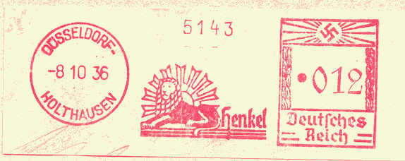 Nice Cut Pictorial Meter Mark Slogan "Henkel" Dusseldorf Holthausen 8-10-1936  LION - Chemistry
