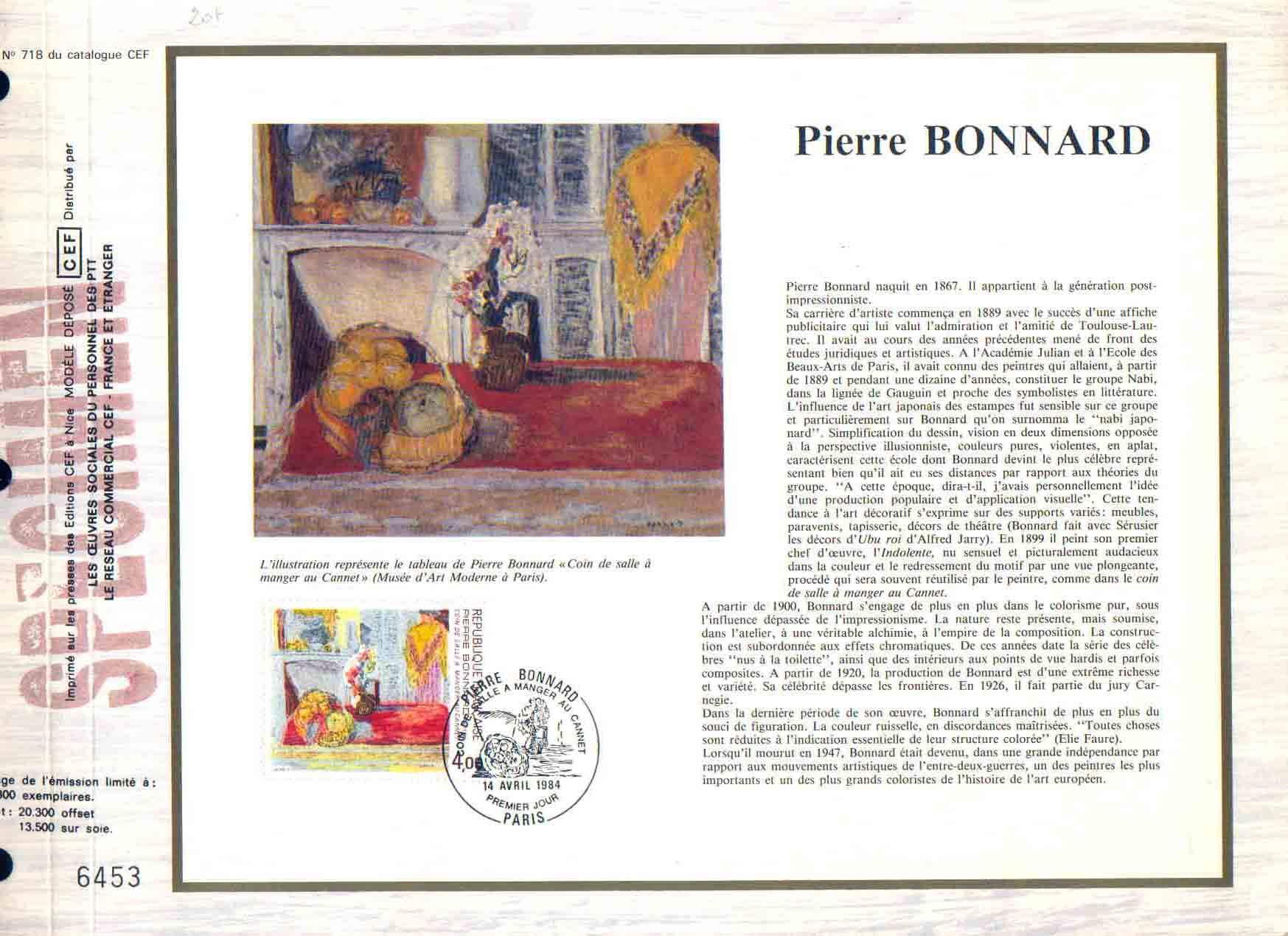 CEF. 1984. Pierre Bonnard, Peintre Impressionniste" Coin De Salle à Mager Au Cannet" - Impressionisme