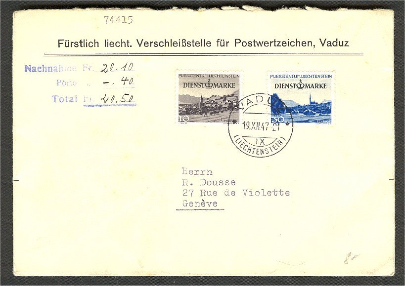 LIECHTENSTEIN OFFIALS ON COVER 1947 - Dienstzegels