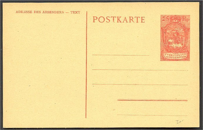 LIECHTENSTEIN RARE STATIONERY POSTCARD 25 CENTIMES FROM 1921 - Stamped Stationery