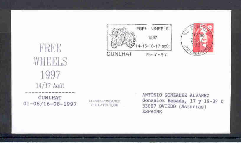 ENVELOPE CANCELLATION 1997 FREE WHEELS MOTO CUNLHAT PUY DE DOME FRANCE - Motorbikes