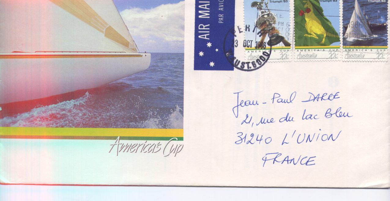 Australie, Coupe De L'America, N° 977/79 Sur Lettre Illustrée Concordante, 1986 - Zeilen