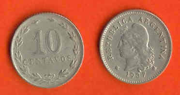 ARGENTINA 1934-40 10 Centavos Copper-nickel   C360 - Argentina