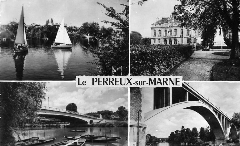 LE PERREUX-sur-MARNE    -  La Marne, La Mairie, Le Pont De Bry, Le Viaduc   (carte Noir Et Blanc, Des Années 50) - Le Perreux Sur Marne