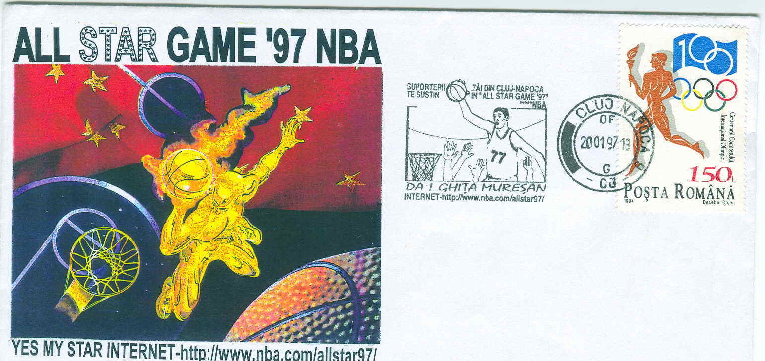 BASKET BALL OBLITERATION TEMPORAIRE DE ROUMANIE 1997 ALL STAR GAMES NBA AVEC PARTICIPATION DE GHITA MURESAN - Basketball
