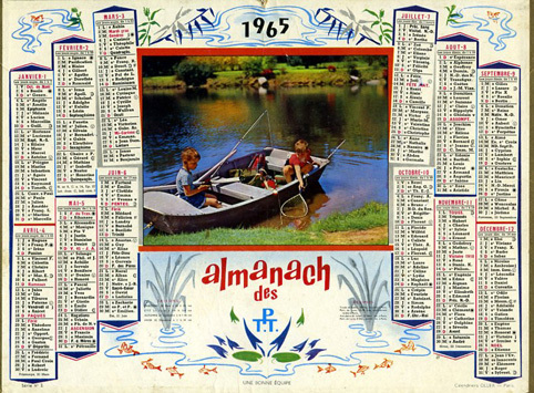 Calendrier-Almanach, 1965, Illustration Scène De Pêche : UNE BONNE EQUIPE (Oller). - Grand Format : 1961-70