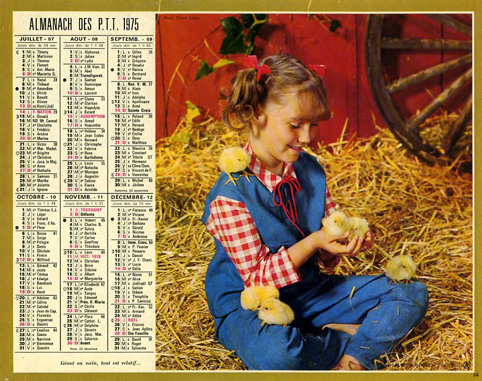 Calendrier-Almanach, 1975, OISE, Illustration FILLETTE AU CHATON Et FILLETTE AUX POUSSINS (J. Lavigne) - Grand Format : 1971-80