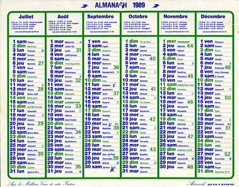 Calendrier-Almanach, 1989, Edit. J Lavigne - Big : 1981-90
