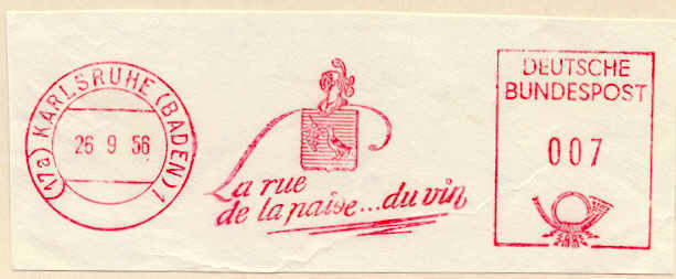 BRD Nice Cut Meter Freistempel La Rue De La Paise .... Du Vin, Karlsruhe (Baden) 26-9-1956 - Vinos Y Alcoholes