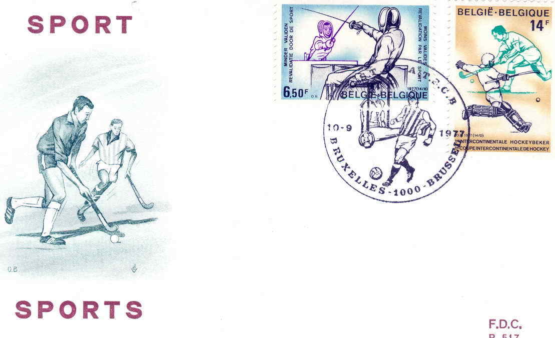 ESCRIME FDC BELGIQUE 1977 ESCRIME HANDISPORT + HOCKEY SUR GAZON - Scherma