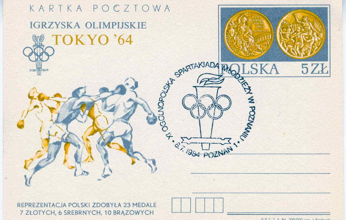 BOXE ENTIER POSTAL POLOGNE 1964 JEUX OLYMPIQUES DE TOKYO + OBLITERATION TEMPORAIRE JEUX OLYMPIQUES DE 1984 - Pugilato