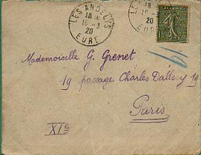 Semeuse 130 Seul/L  Beau CAD Du 16-3-20 Les Andelys Pour Paris - 1903-60 Säerin, Untergrund Schraffiert