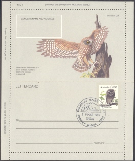 Australia: Lettercard FDC 1985 - Sooty Owl - Premiers Jours (FDC)
