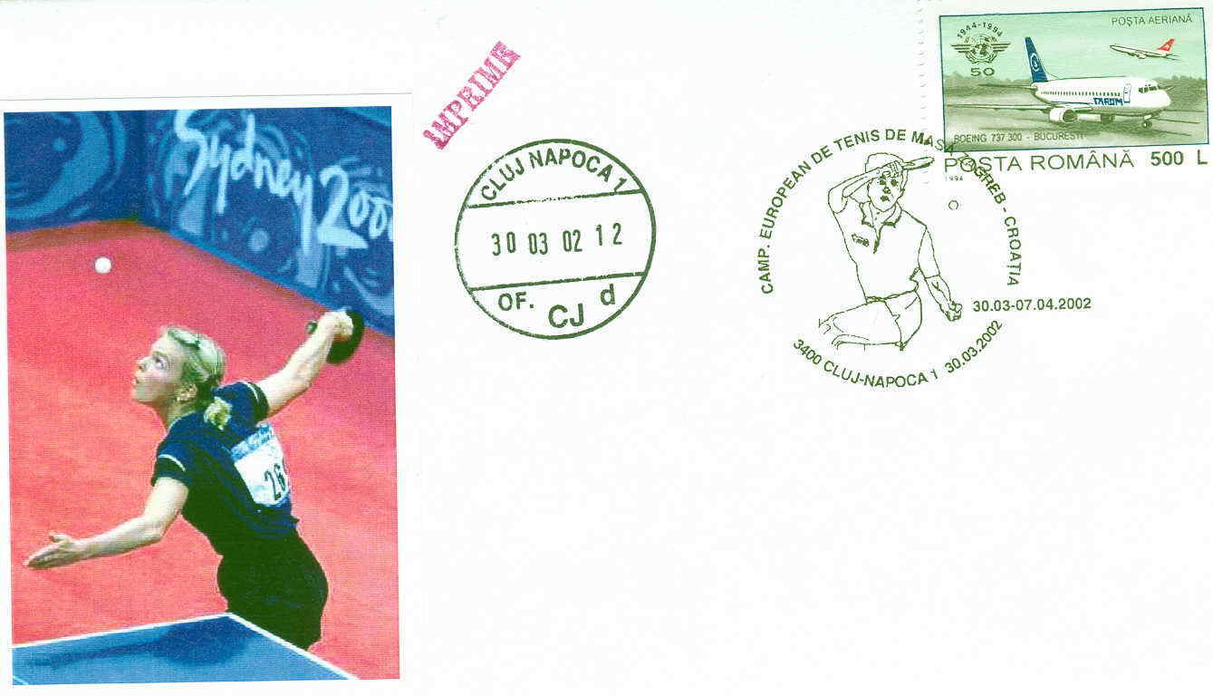 TENNIS DE TABLE OBLITERATION TEMPORAIRE ROUMANIE 2002 CHAMPIONNATS D'EUROPE A ZAGREB - Tischtennis