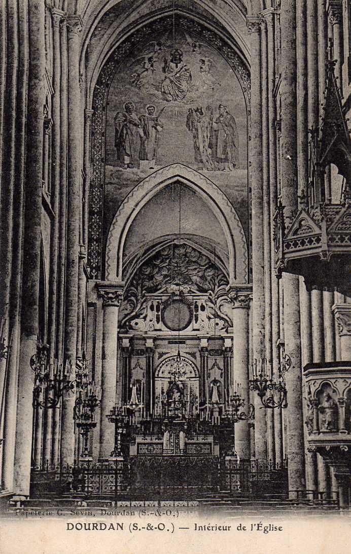 91 DOURDAN Eglise Et Intérieur, Lot De 3 Cartes, Ed Sevin Et Boutroue, 1917 - Dourdan