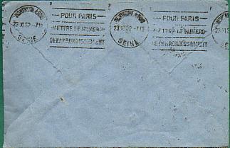 Semeuse 199 Seul / Lettre CAD Du 22-11-1932 De Bitche Moselle  Pour Montreuil Sous Bois- Obl Mécanique Arrivée Au Dos - 1903-60 Säerin, Untergrund Schraffiert