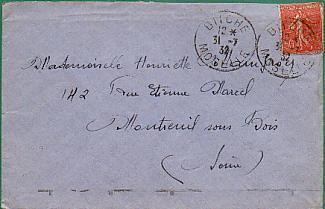 Semeuse 199 Seul / Lettre CAD Du 31-07-1932 De Bitche Pour Montreuil-sous-Bois - 1903-60 Säerin, Untergrund Schraffiert