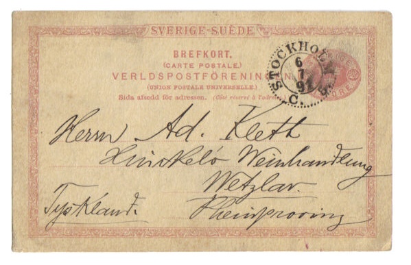 Entier Postal De Suède Stockholm Pour L´Allemagne 1891 - Brieven En Documenten