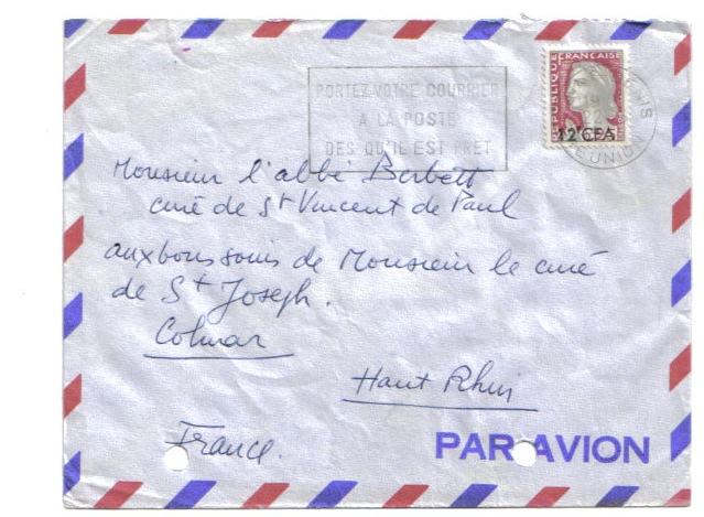 Lettre De St Denis Réunion Pour La France - Timbre Postal Marianne 12F CFA - Sonstige & Ohne Zuordnung