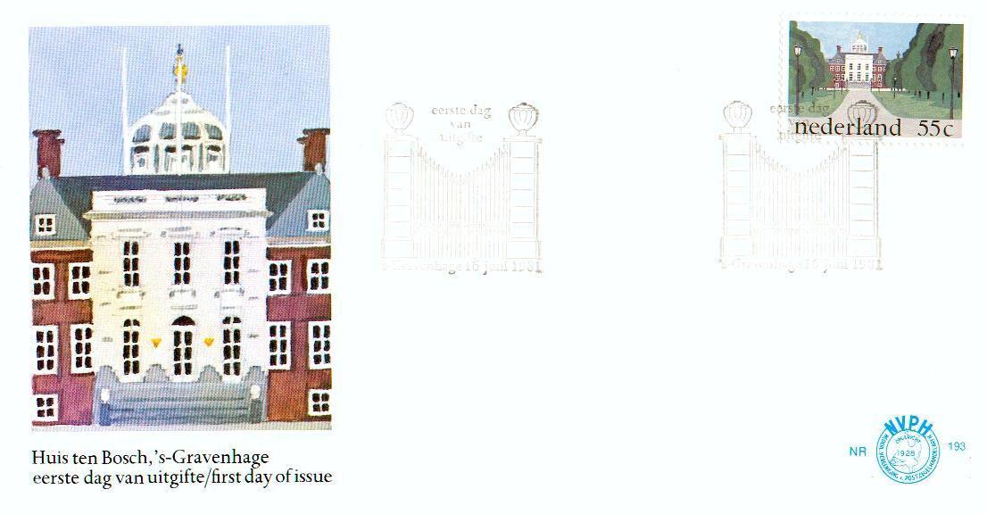 8,0193 NVPH FDC PTT Post E 193 1224    Dynastie Royal Couronne Palais Enveloppe 1er Jour FDC PB 16-6-1981 Huis Ten Bosch - Sammlungen