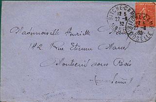 Semeuse 199 Seul / Lettre CAD Du 22-06-1932 De Bitche Pour Montreuil Obl Mécanique Arrivée Au Dos - 1903-60 Sower - Ligned