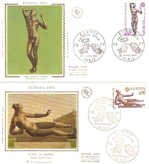 F.D.C. EUROPA FRANCE 1974  / 2 Enveloppes Sur SOIE Obl. Paris (Rodin-Maillol) - 1974