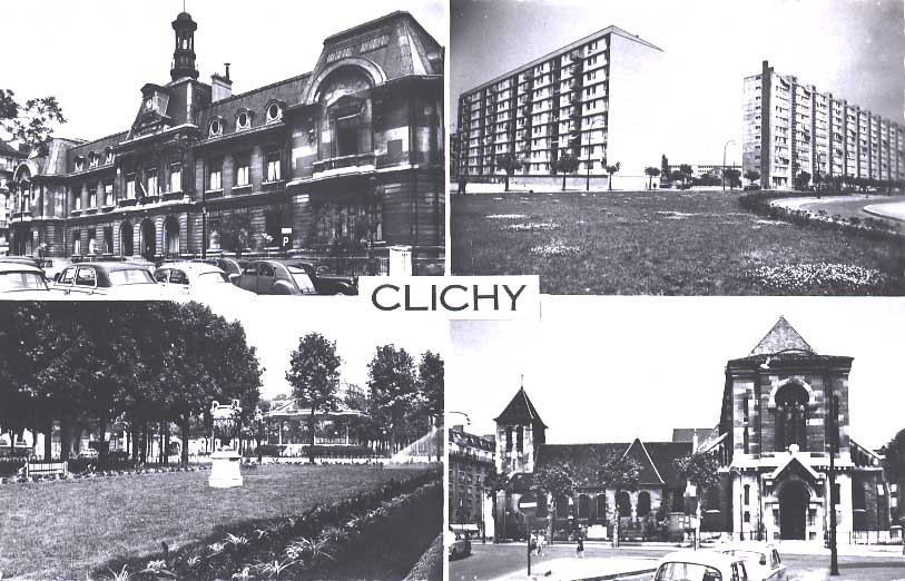 Cpsm Clichy (92, Hauts De Seine) Multivues : Mairie, Immeubles, Square, église... Voitures (2cv ...) - Clichy